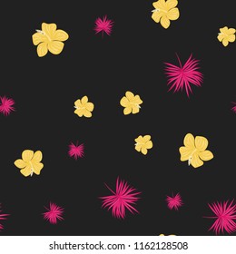 Summer seamless pattern with tropical flowers and leaves.