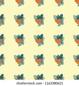 Summer seamless pattern with tropical flowers and leaves.