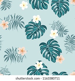 Summer seamless pattern with tropical flowers and leaves.