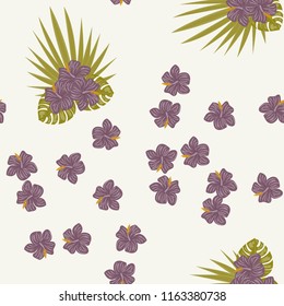 Summer seamless pattern with tropical flowers and leaves.