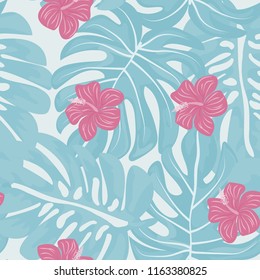 Summer seamless pattern with tropical flowers and leaves.
