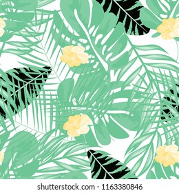 Summer seamless pattern with tropical flowers and leaves.