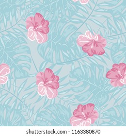 Summer seamless pattern with tropical flowers and leaves.