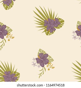 Summer seamless pattern with tropical flowers and leaves.