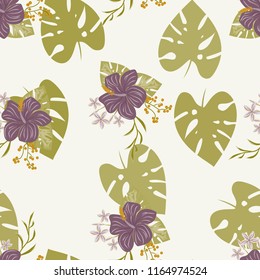 Summer seamless pattern with tropical flowers and leaves.
