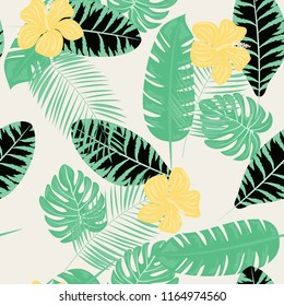 Summer seamless pattern with tropical flowers and leaves.