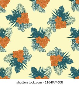 Summer seamless pattern with tropical flowers and leaves.