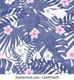 Summer seamless pattern with tropical flowers and leaves.