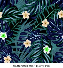 Summer seamless pattern with tropical flowers and leaves.