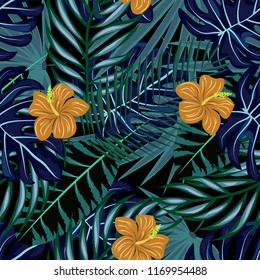Summer seamless pattern with tropical flowers and leaves.