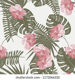 Summer seamless pattern with tropical flowers and leaves.