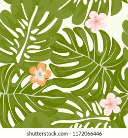 Summer seamless pattern with tropical flowers and leaves.
