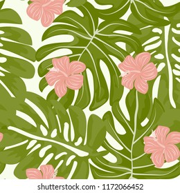 Summer seamless pattern with tropical flowers and leaves.