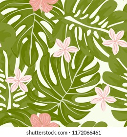 Summer seamless pattern with tropical flowers and leaves.