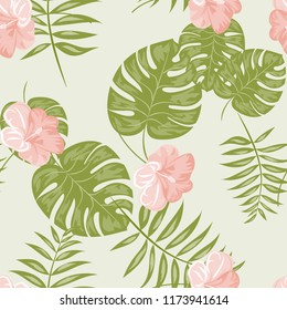 Summer seamless pattern with tropical flowers and leaves.