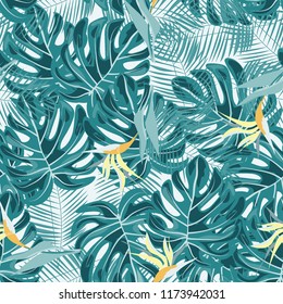 Summer seamless pattern with tropical flowers and leaves.