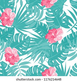 Summer seamless pattern with tropical flowers and leaves.