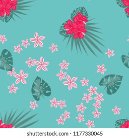 Summer seamless pattern with tropical flowers and leaves.
