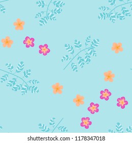 Summer seamless pattern with tropical flowers and leaves.