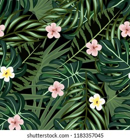 Summer seamless pattern with tropical flowers and leaves.