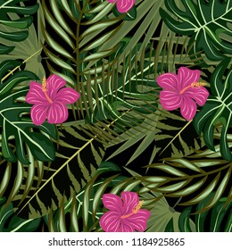 Summer seamless pattern with tropical flowers and leaves.