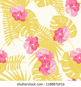 Summer seamless pattern with tropical flowers and leaves.