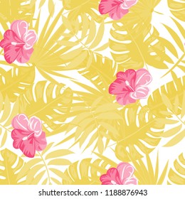 Summer seamless pattern with tropical flowers and leaves.