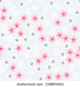 Summer seamless pattern with tropical flowers and leaves.