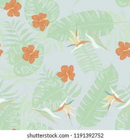 Summer seamless pattern with tropical flowers and leaves.