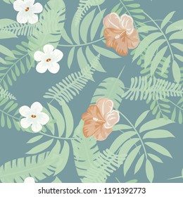 Summer seamless pattern with tropical flowers and leaves.