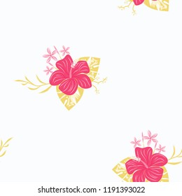 Summer seamless pattern with tropical flowers and leaves.