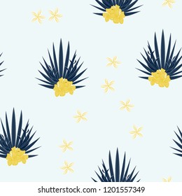 Summer seamless pattern with tropical flowers and leaves.