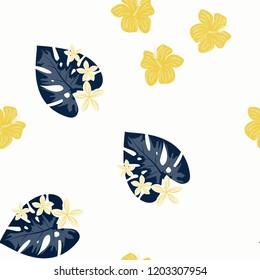 Summer seamless pattern with tropical flowers and leaves.