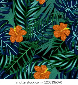 Summer seamless pattern with tropical flowers and leaves.