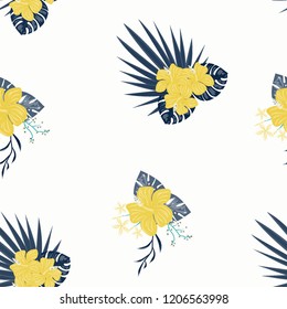 Summer seamless pattern with tropical flowers and leaves.