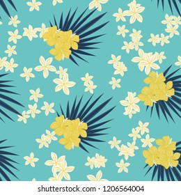 Summer seamless pattern with tropical flowers and leaves.