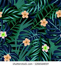 Summer seamless pattern with tropical flowers and leaves.