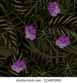 Summer seamless pattern with tropical flowers and leaves.