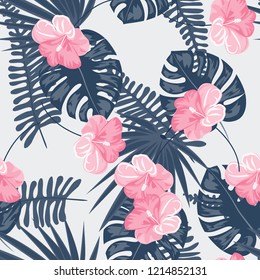 Summer seamless pattern with tropical flowers and leaves.