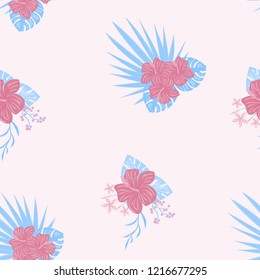 Summer seamless pattern with tropical flowers and leaves.