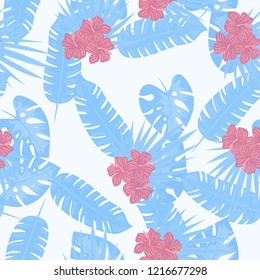 Summer seamless pattern with tropical flowers and leaves.