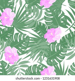 Summer seamless pattern with tropical flowers and leaves.