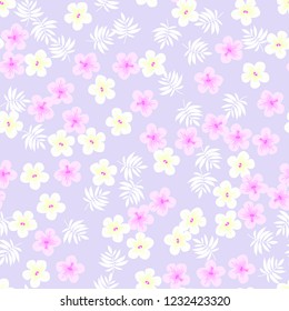 Summer seamless pattern with tropical flowers and leaves.