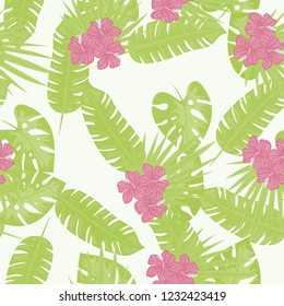 Summer seamless pattern with tropical flowers and leaves.