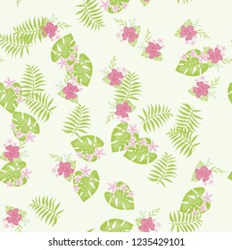 Summer seamless pattern with tropical flowers and leaves.