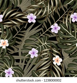 Summer seamless pattern with tropical flowers and leaves.