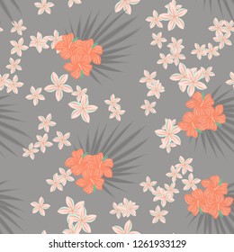 Summer seamless pattern with tropical flowers and leaves.