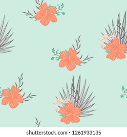 Summer seamless pattern with tropical flowers and leaves.