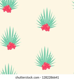 Summer seamless pattern with tropical flowers and leaves.
