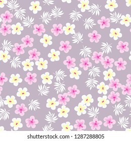 Summer seamless pattern with tropical flowers and leaves.